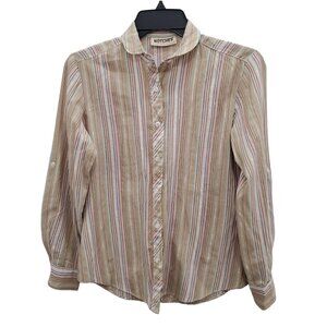Notches Women's Vintage‎ 1970s Beige Gold Metallic Stripe Roll Tab Button Up M